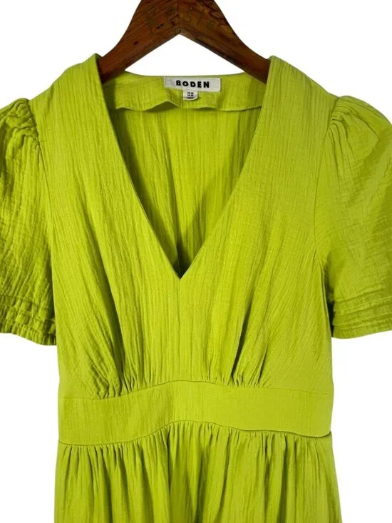 Boden Lime Green Cotton Midi Dress Empire Waist Puff Sleeve 2R - Picture 5 of 12